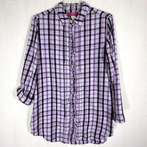 Betsey‎ Johnson Intimates Pajama Top M Plaid Purple Button Up Ruffle Roll Tab